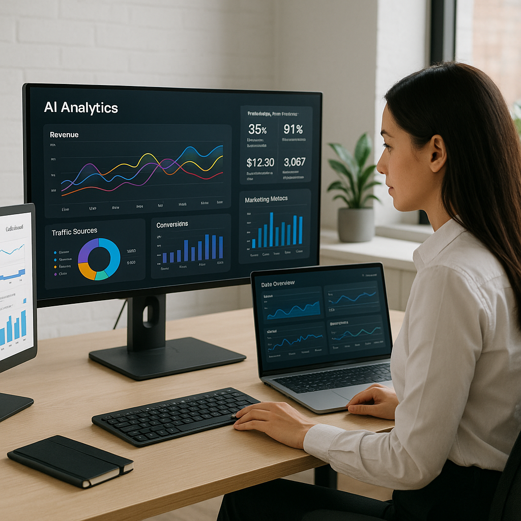 A modern workspace showing a female digital market